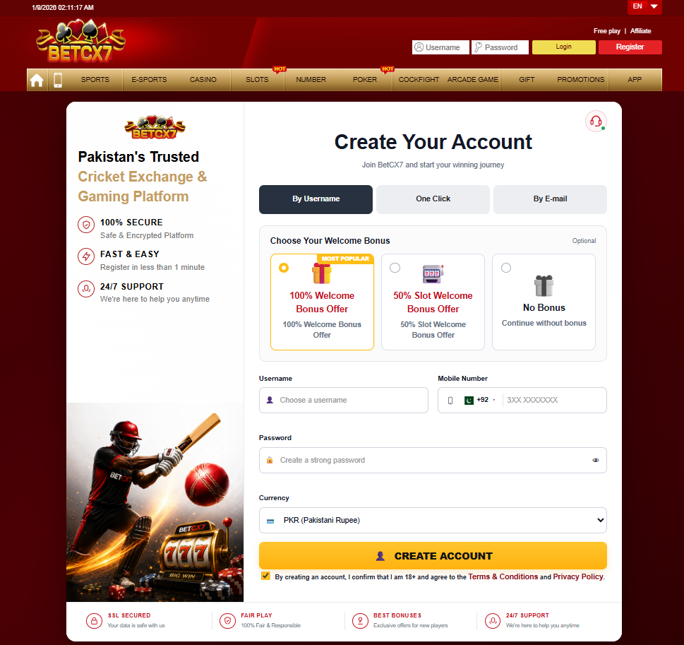 BetCX7 signup interface